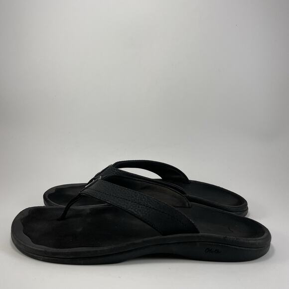 Olukai Ohana Leather Flip Flops Womens Size 8 Black Hawaiian Beach Sandals - Picture 3 of 9